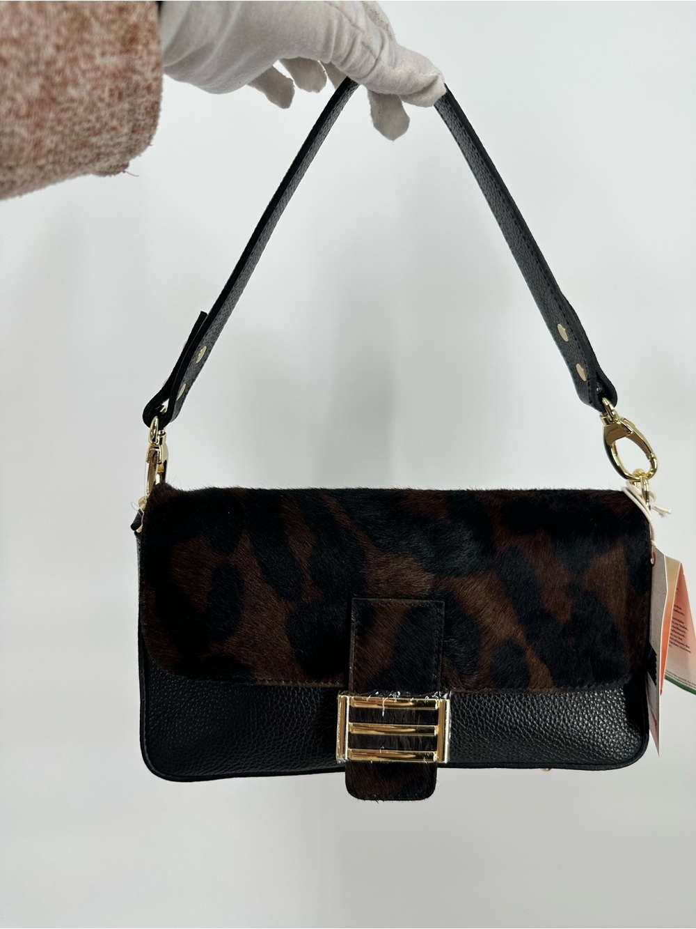 DIVINA FIRENZE Italian Leather Leopard Print Baguette Shoulder Bag Calf Hair NWT - Picture 5 of 15